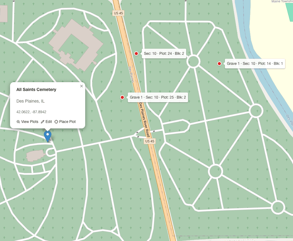 Interactive map showing burial locations at a cemetery